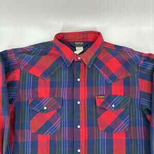 Vintage OshKosh B'gosh Flannel Shirt Men XL Red Plaid Pearsnap Outdoors Work